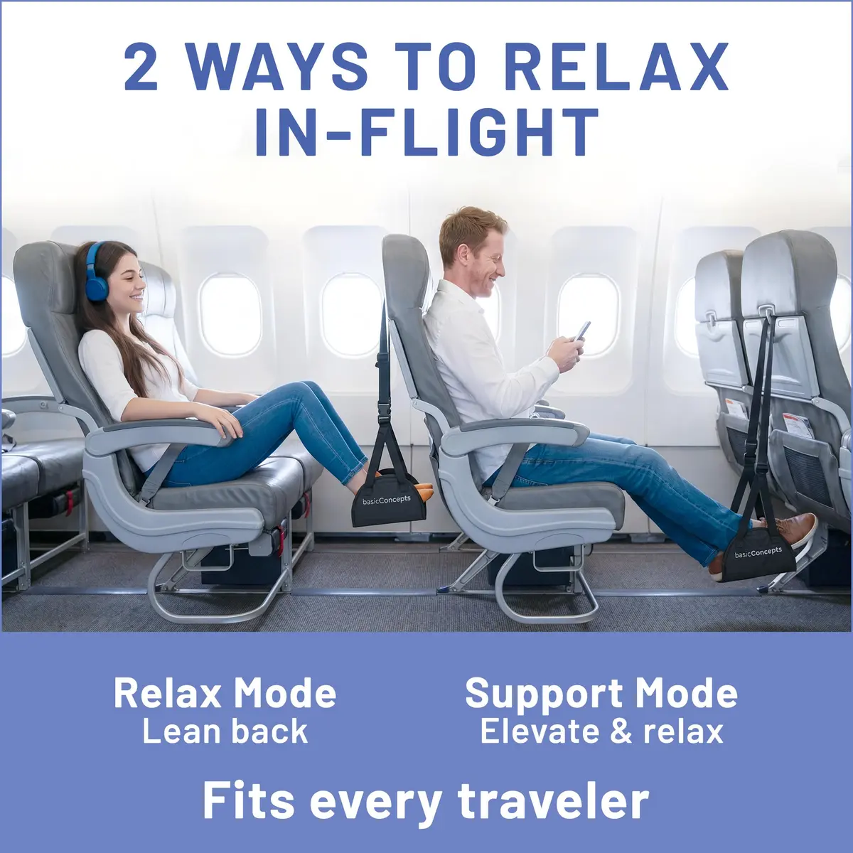 BASIC CONCEPTS Airplane Foot Hammock for Plane Travel Essentials - Black, 17-34 inch Adjustable Strap | Travel Comfortably - view 3