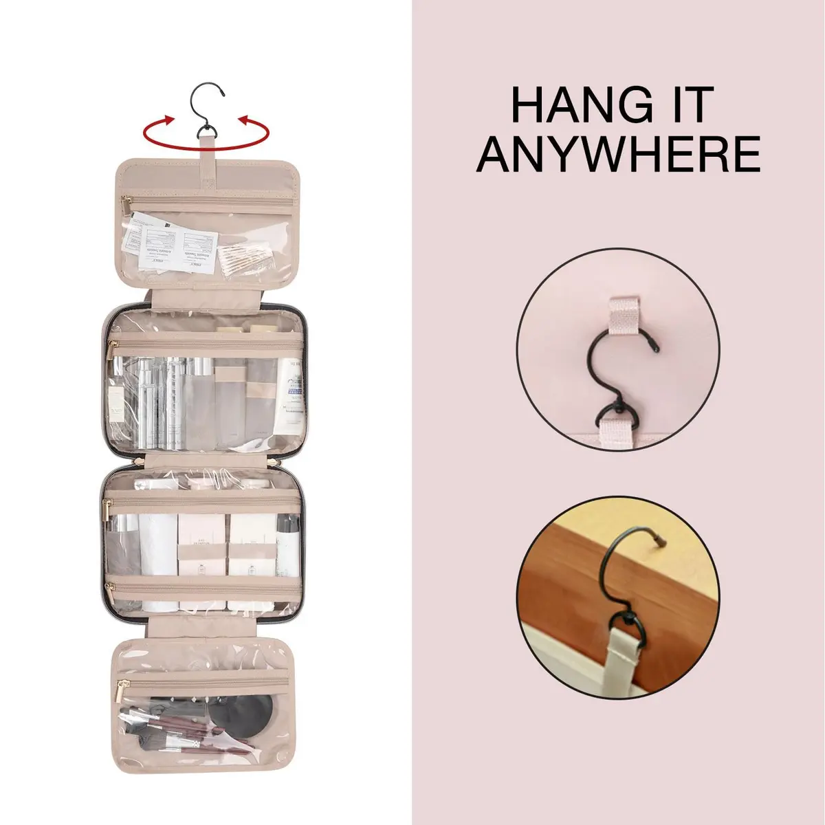 BAGSMART Toiletry Bag Travel Organizer with Hanging Hook, Water-resistant, Baby Pink, Medium - view 3