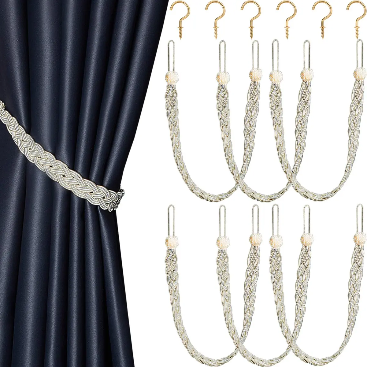 Blulu 6 Pcs Braided Curtain Tiebacks with Metal Hooks | Beige & Silver, 58cm (23in) | Elegant Home Decor Accessory - main product image