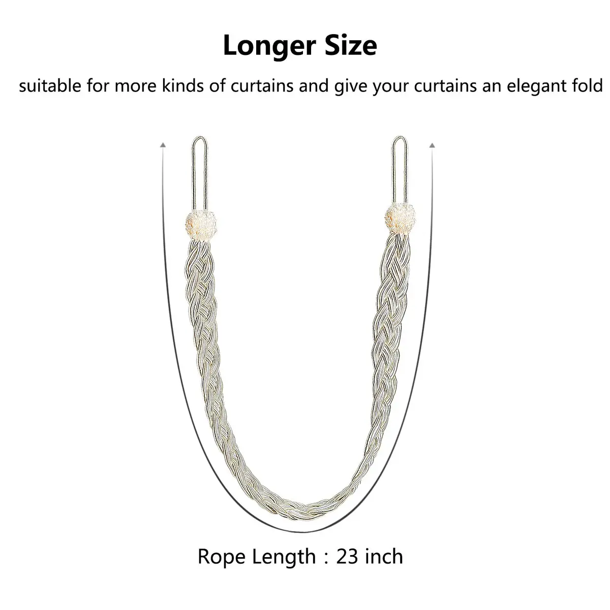 Blulu 6 Pcs Braided Curtain Tiebacks with Metal Hooks | Beige & Silver, 58cm (23in) | Elegant Home Decor Accessory - view 7