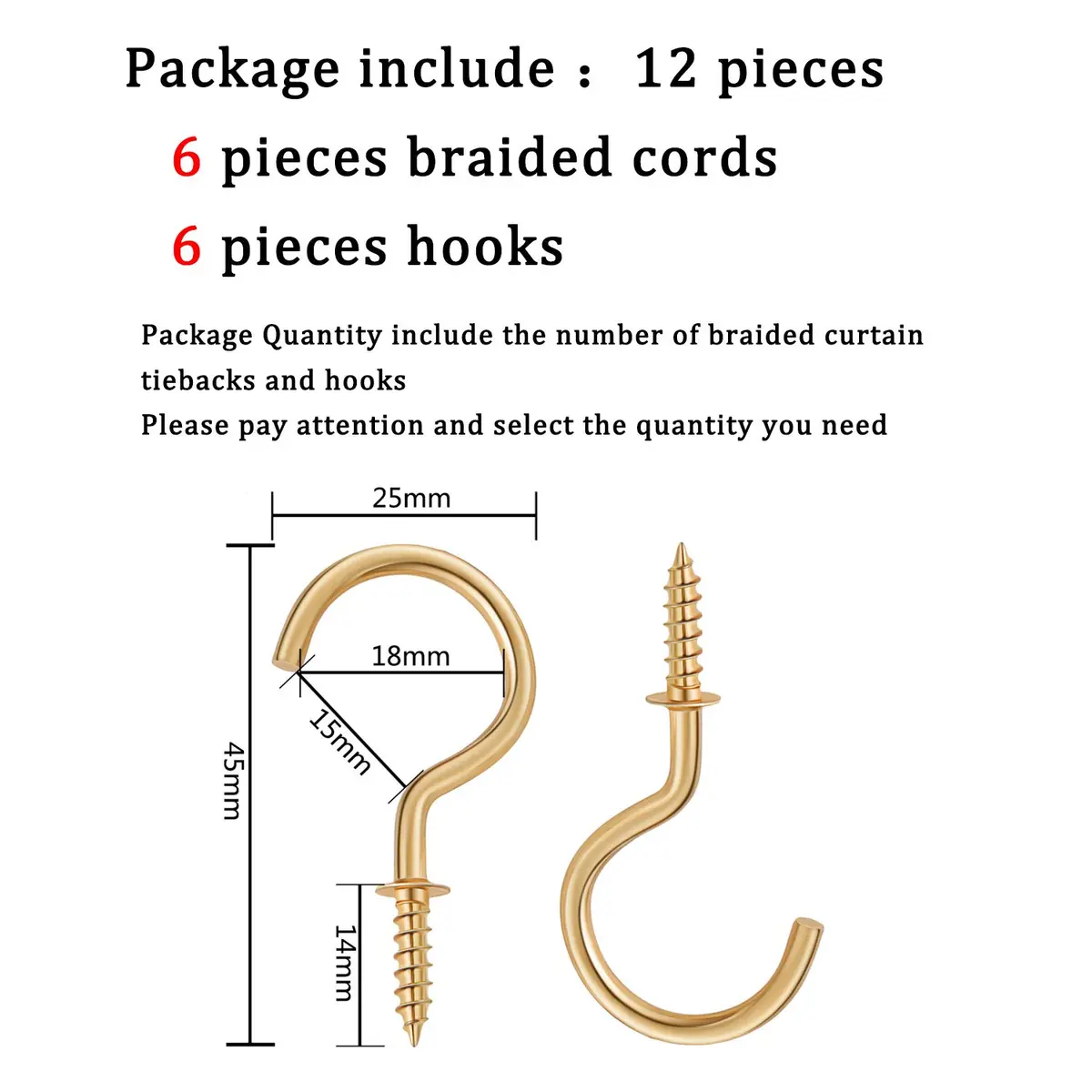 Blulu 6 Pcs Braided Curtain Tiebacks with Metal Hooks | Beige & Silver, 58cm (23in) | Elegant Home Decor Accessory - view 2