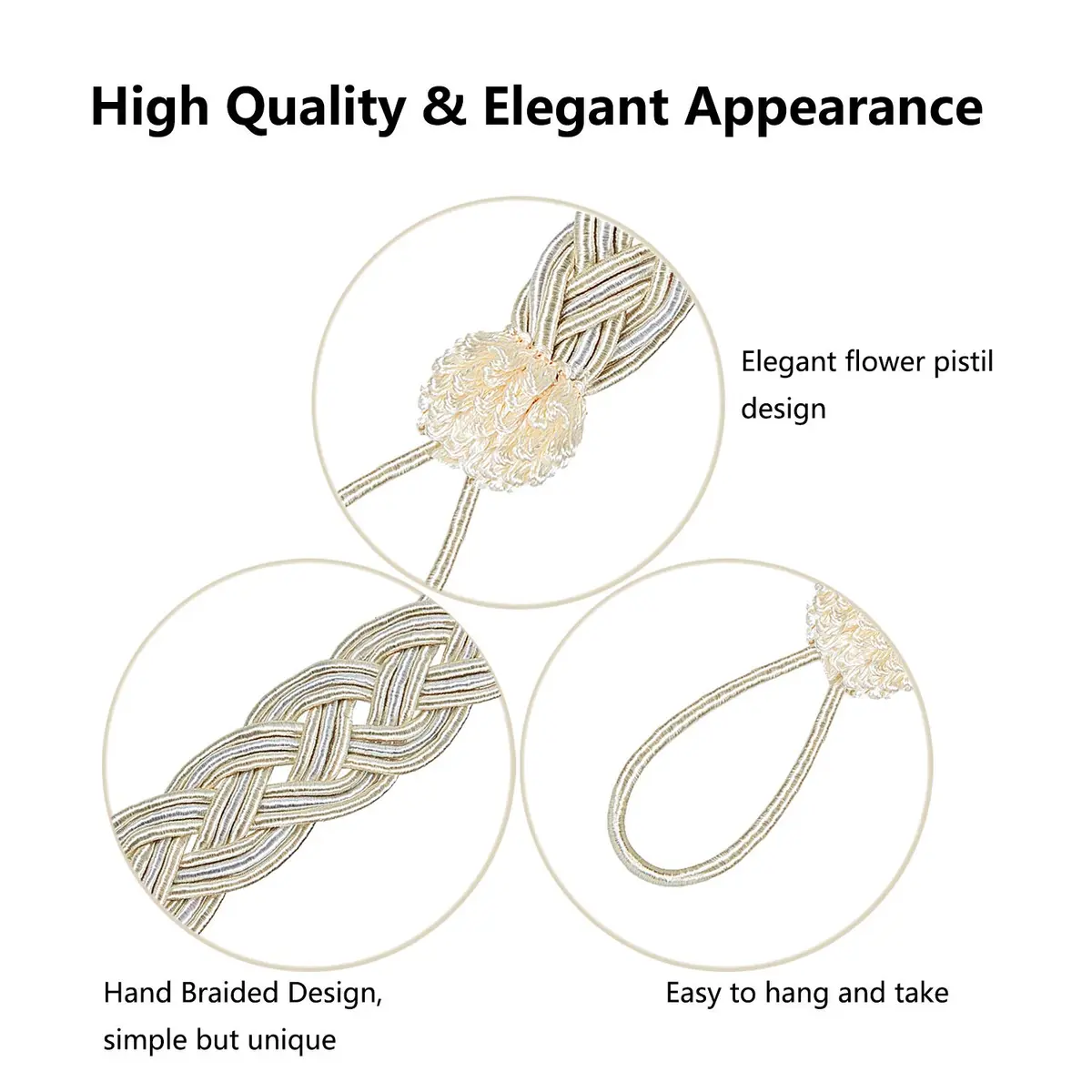Blulu 6 Pcs Braided Curtain Tiebacks with Metal Hooks | Beige & Silver, 58cm (23in) | Elegant Home Decor Accessory - view 3