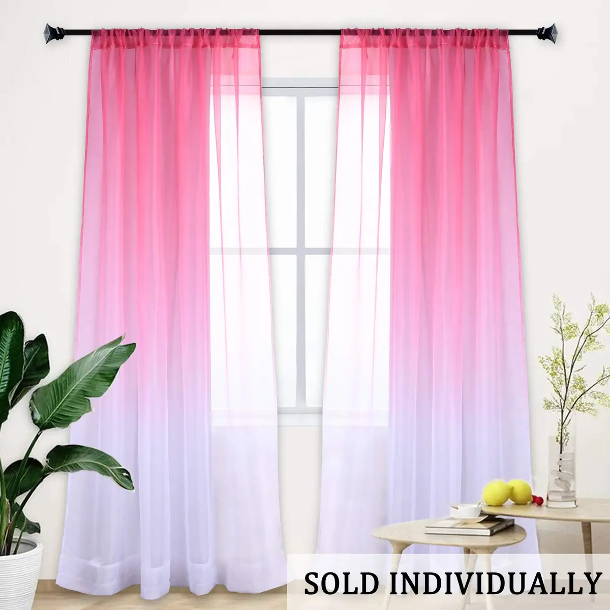 HUTO Pink Curtain Ombre Sheer Curtain for Girls Bedroom | Gradient Window Panel 52"W x 95"L - view 4