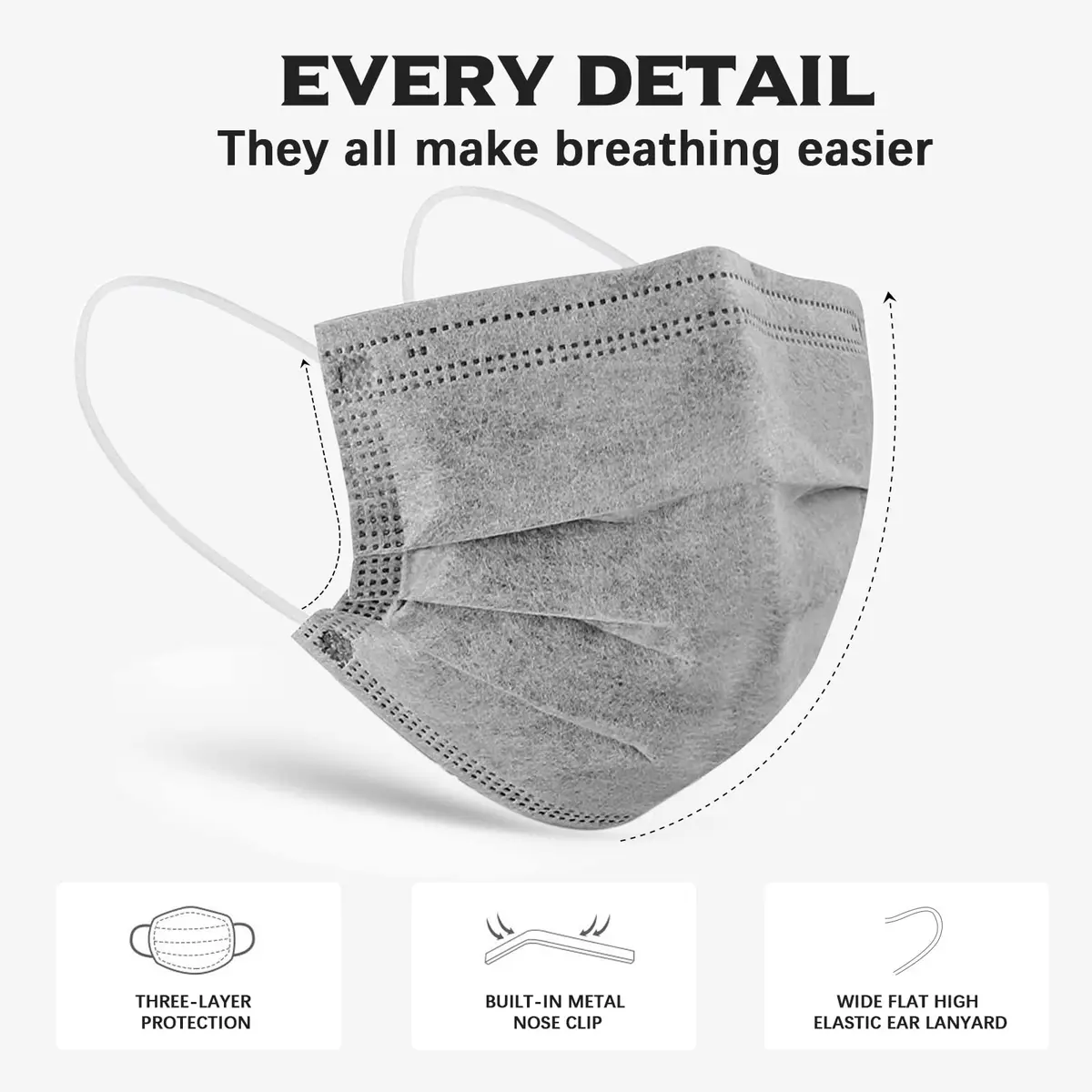 Wecolor Disposable Face Masks 100 Pcs Gray | 3 Ply Breathable Adult Masks with Adjustable Nose Wire - view 3