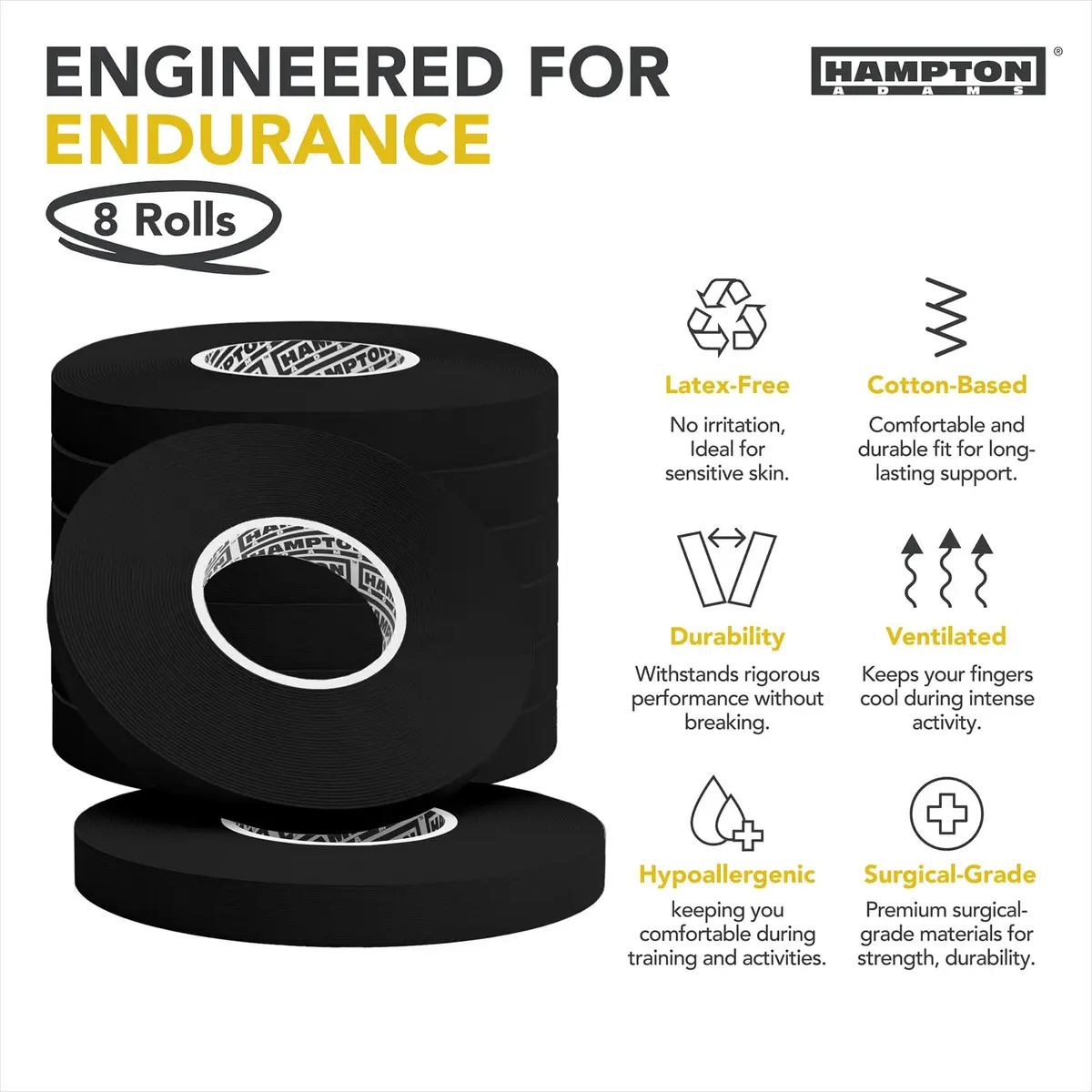 Hampton Adams Pro Finger Tape Black 8 Rolls | Non-Slip Grip for BJJ, Climbing & Sports - view 3
