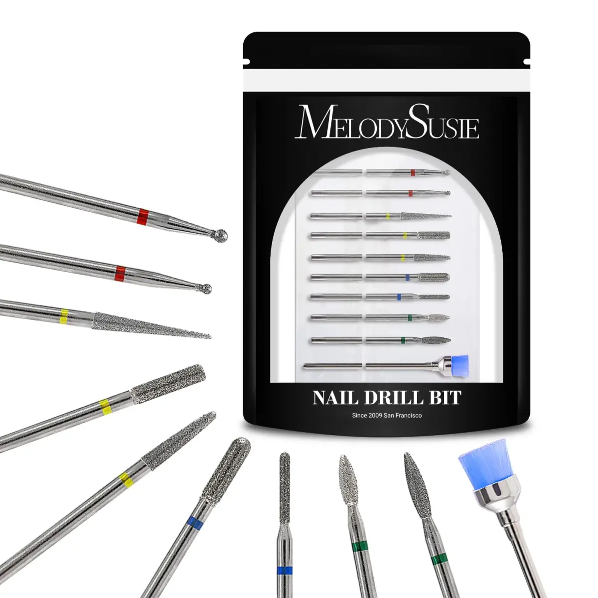 MelodySusie Silver 10pcs Diamond Nail Drill Bits Set | Universal 3/32" Shank for Acrylic Gel Nails - main product image