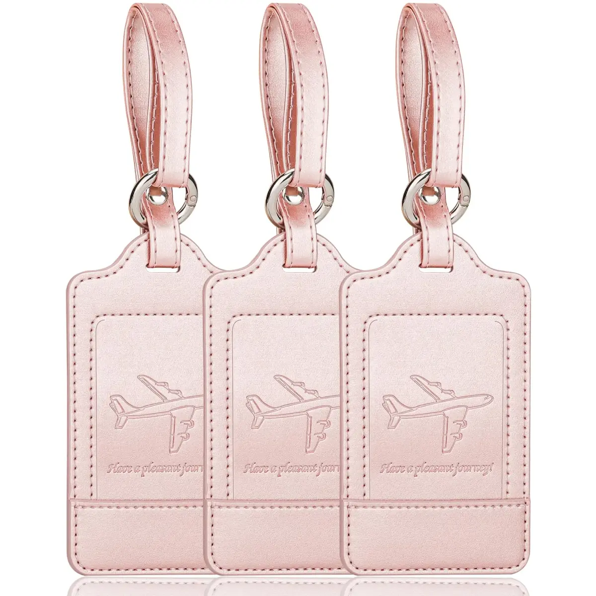 Teskyer Leather Luggage Tags for Suitcases, 3 Pack, Rose Gold | Quick-Attach Spring Ring, Privacy Flap Design - main product image
