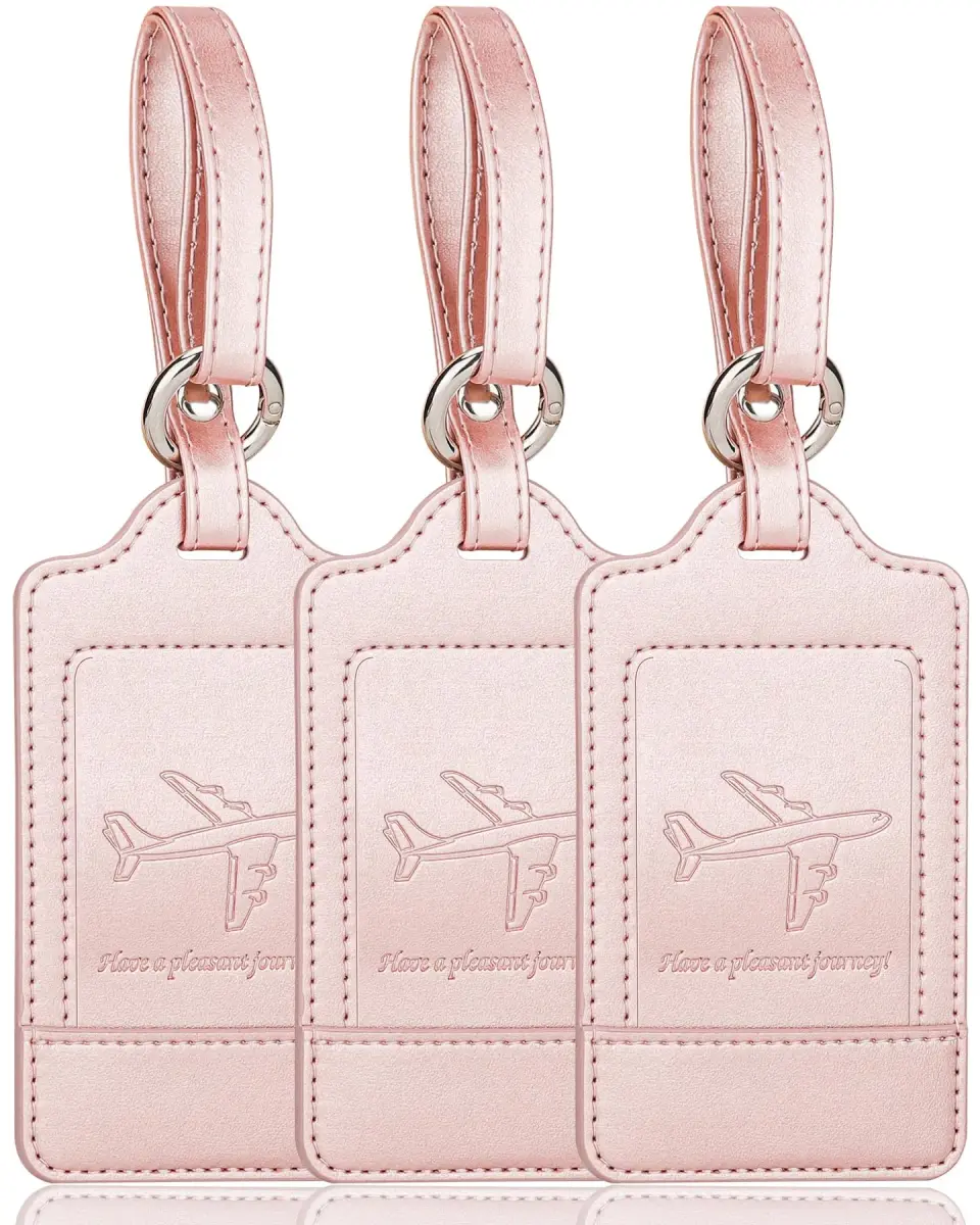 Teskyer Leather Luggage Tags for Suitcases, 3 Pack, Rose Gold | Quick-Attach Spring Ring, Privacy Flap Design - main product image