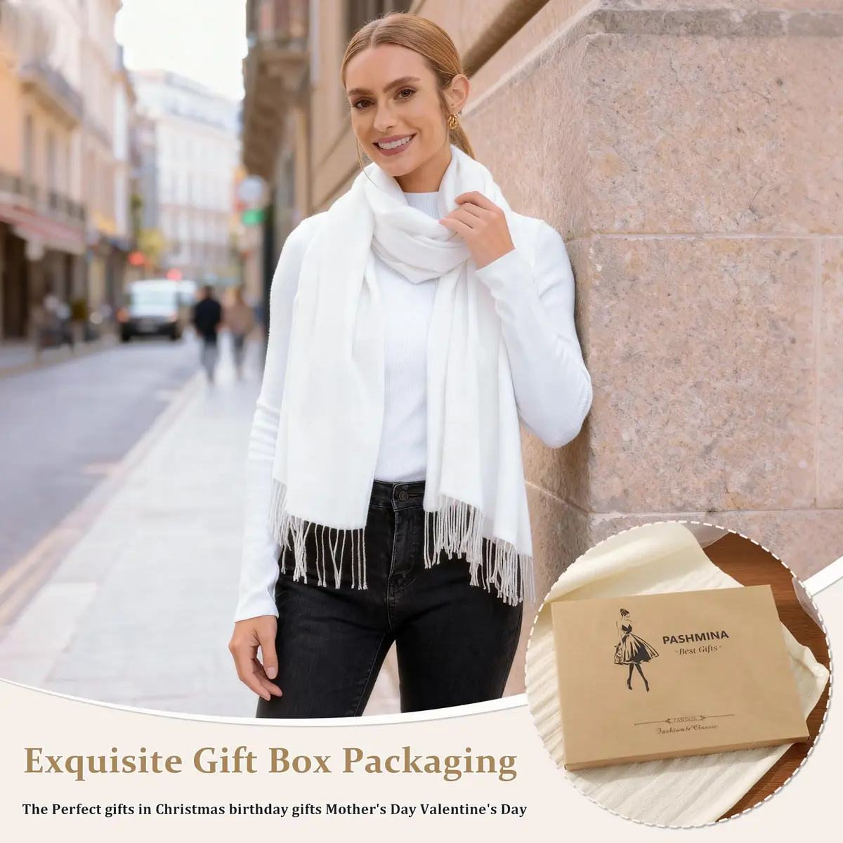 vimate White Pashmina Shawls and Wraps | Soft, Multi-Season, 70x200cm - view 5