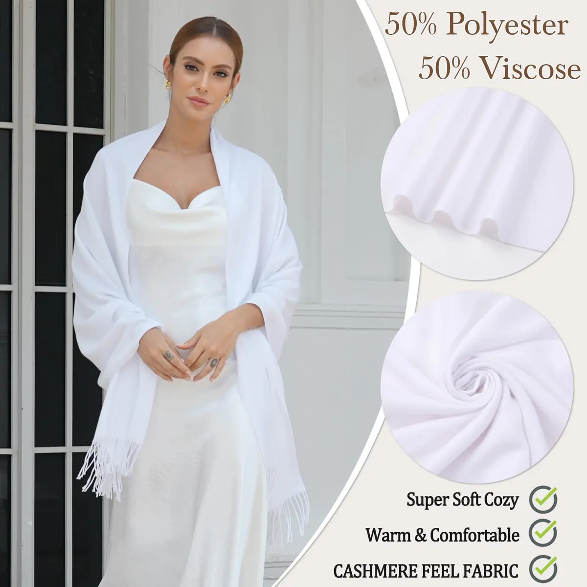 vimate White Pashmina Shawls and Wraps | Soft, Multi-Season, 70x200cm - view 4