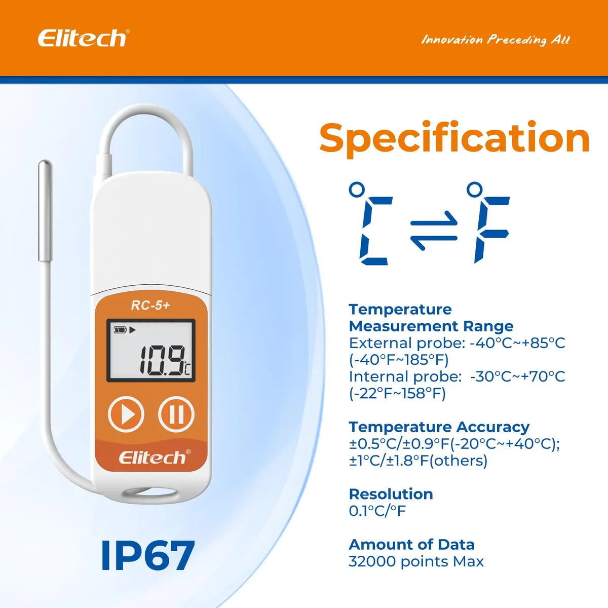 Elitech RC-5+ TE Digital PDF USB Temperature Data Logger 32000 Points | High Accuracy with External Sensor - view 4