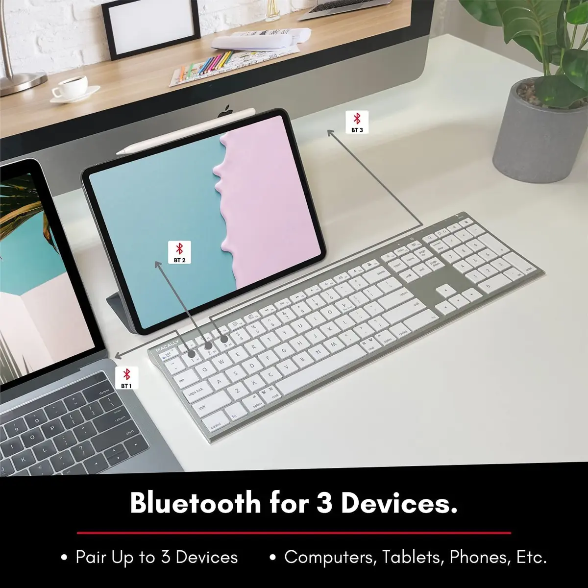 Macally ACEBTKEYA Multi-Device Bluetooth Keyboard with Numeric Keypad - Silver, 110 Keys | Connects to 3 Devices Simultaneously - view 4
