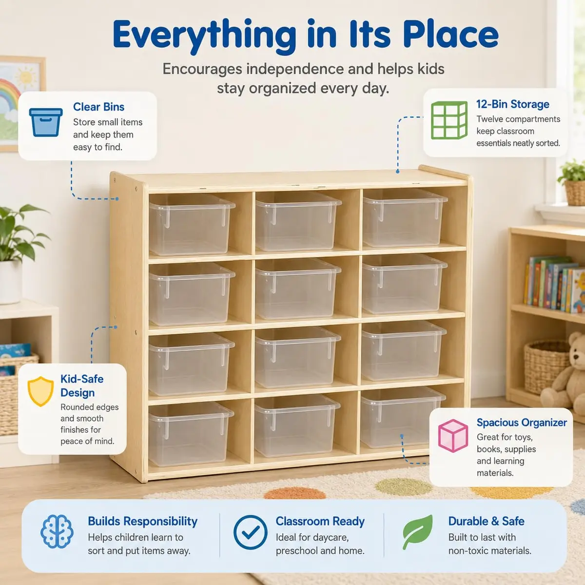 Contender 12 Compartment Storage Unit with Translucent Bins | Classroom Cubby Organizer for Kids, Hardwood Cubby Shelf, Toy & Art Supplies - view 2