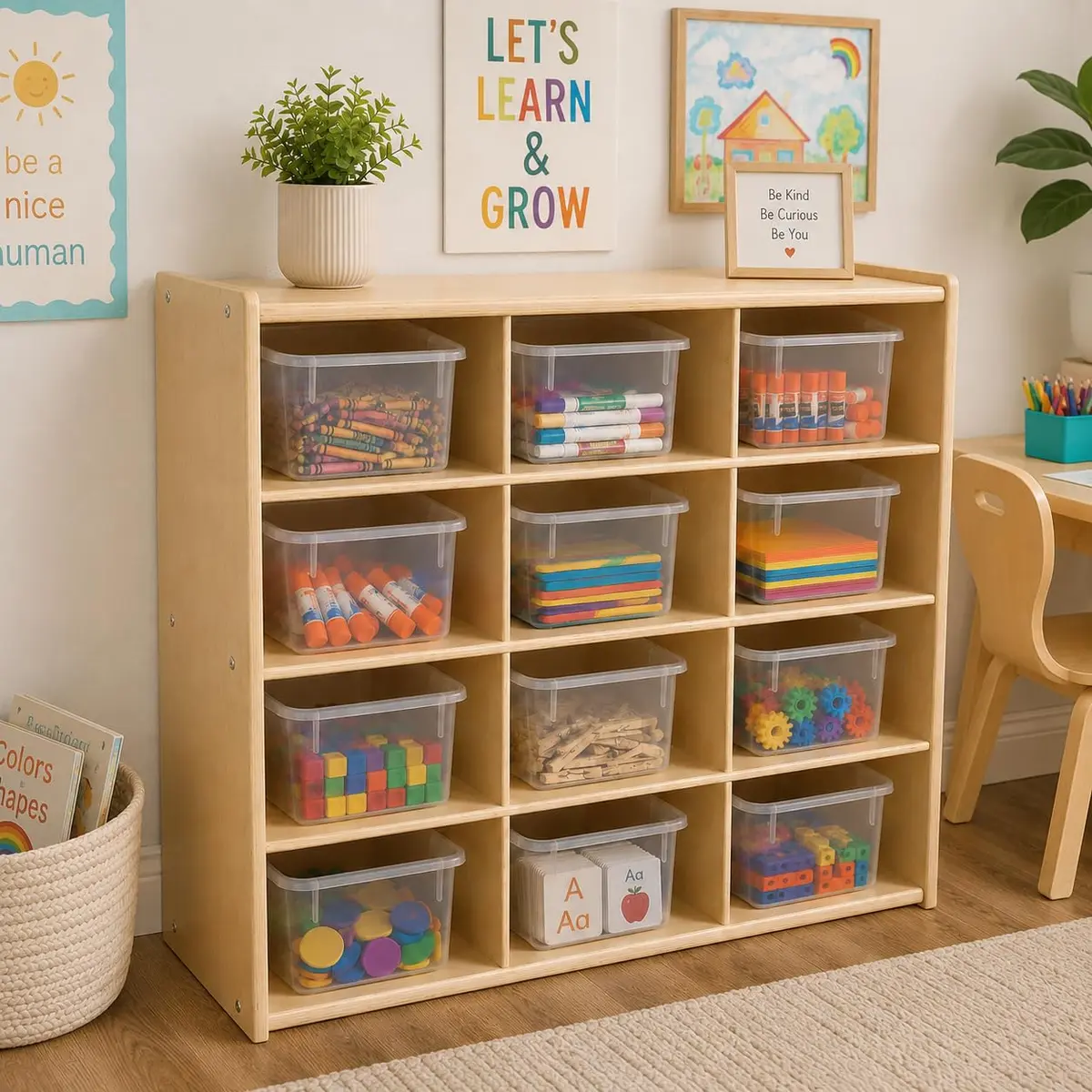 Contender 12 Compartment Storage Unit with Translucent Bins | Classroom Cubby Organizer for Kids, Hardwood Cubby Shelf, Toy & Art Supplies - view 4