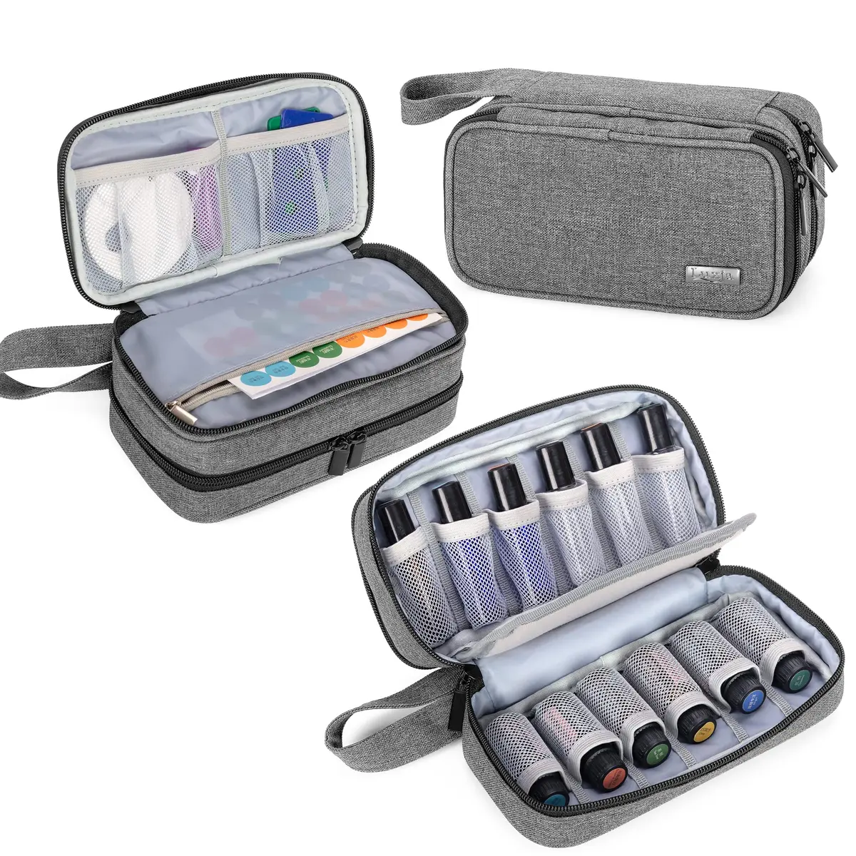 LUXJA Double-Layer Essential Oil Case Holds 12 Bottles, Gray | Portable Travel Organizer for Oils - main product image