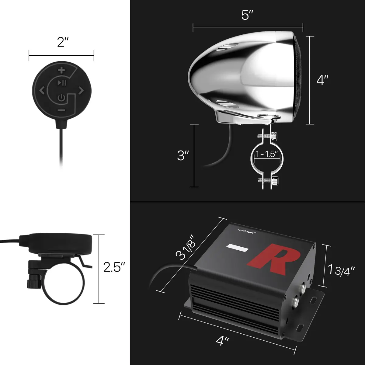 GoHawk Motorcycle Speakers Bluetooth 4 Inch Waterproof Radio Audio System | 100W Waterproof Handlebar Speakers - view 8