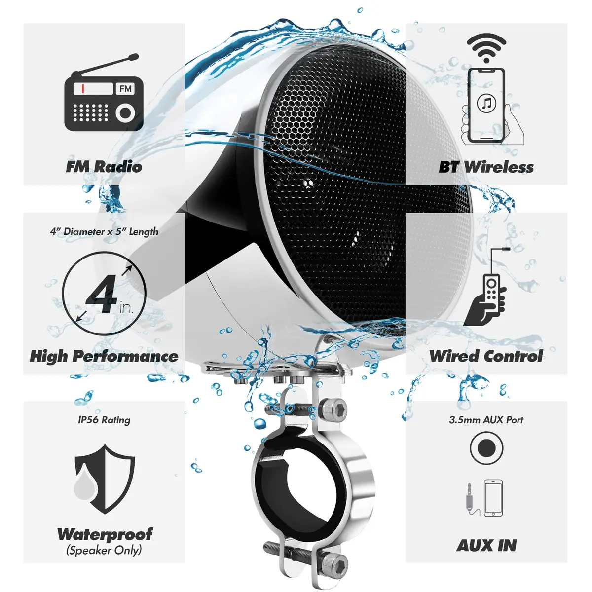 GoHawk Motorcycle Speakers Bluetooth 4 Inch Waterproof Radio Audio System | 100W Waterproof Handlebar Speakers - view 3