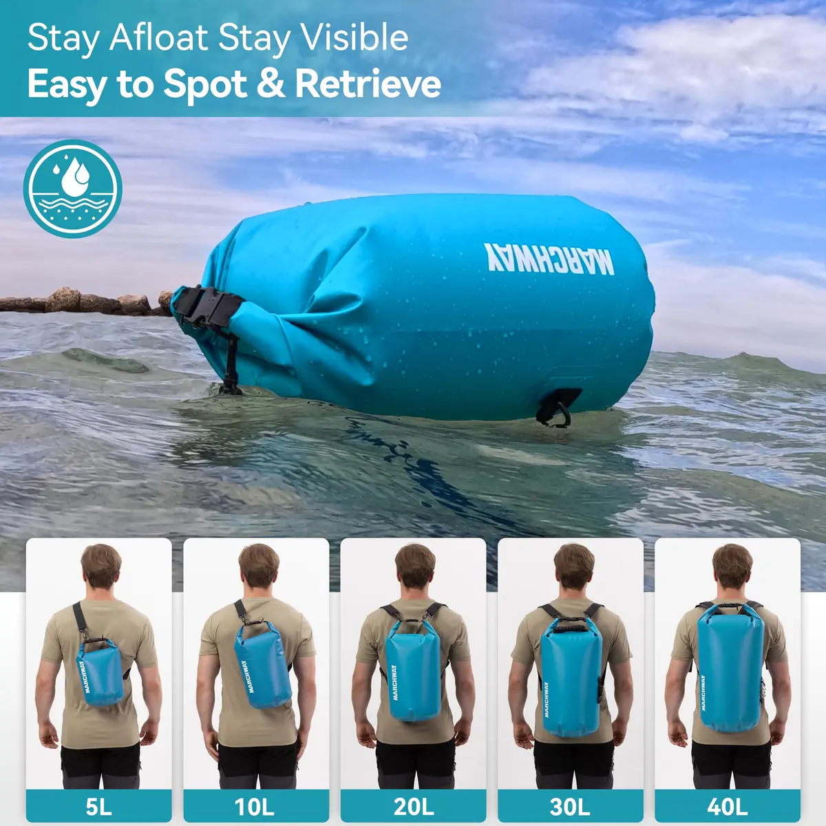 MARCHWAY Floating Waterproof Dry Bag Backpack, Roll Top, 40L Teal | Keeps Gear Dry & Afloat on Water Adventures - view 5