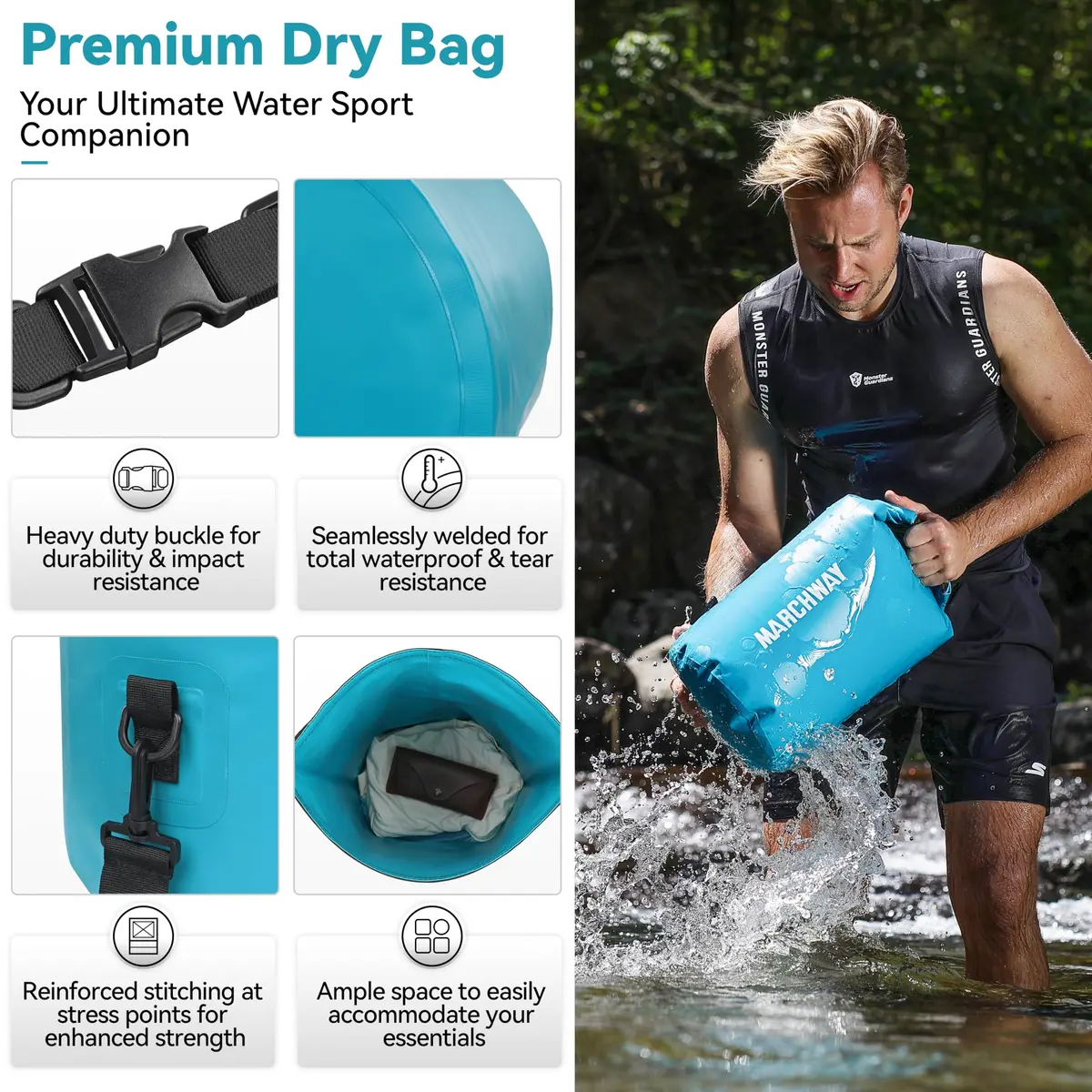 MARCHWAY Floating Waterproof Dry Bag Backpack, Roll Top, 40L Teal | Keeps Gear Dry & Afloat on Water Adventures - view 2