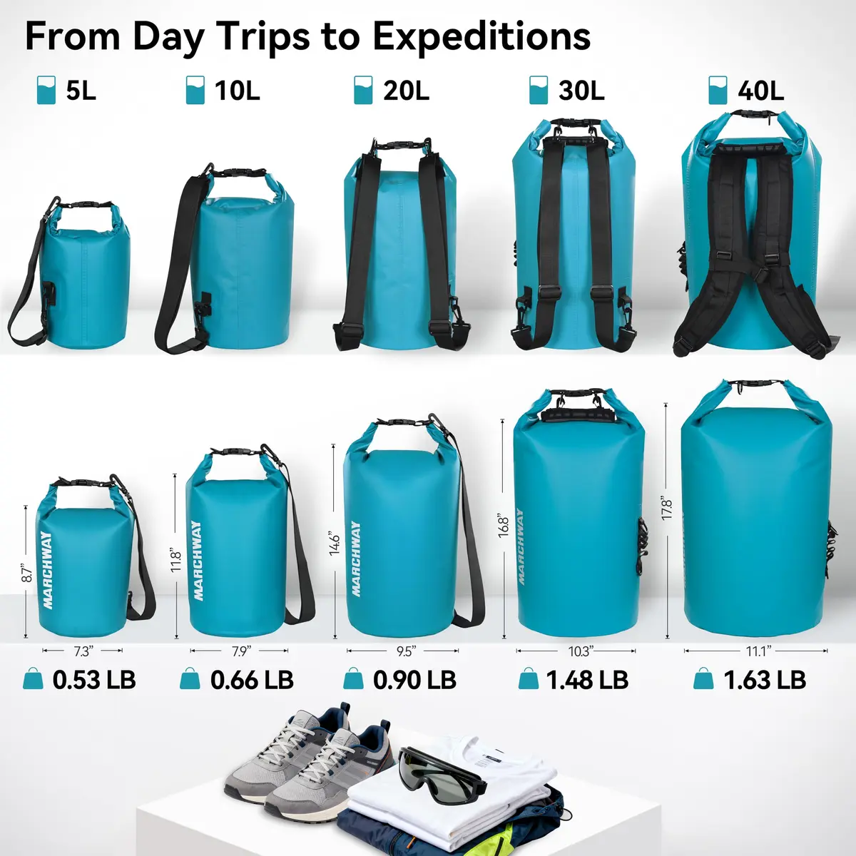 MARCHWAY Floating Waterproof Dry Bag Backpack, Roll Top, 40L Teal | Keeps Gear Dry & Afloat on Water Adventures - view 4