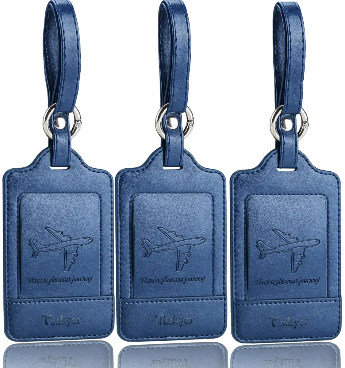 Teskyer Leather Luggage Tags for Suitcases, 3 Pack, Blue | Quick-Attach Spring Ring, Privacy Flap Design - main product image