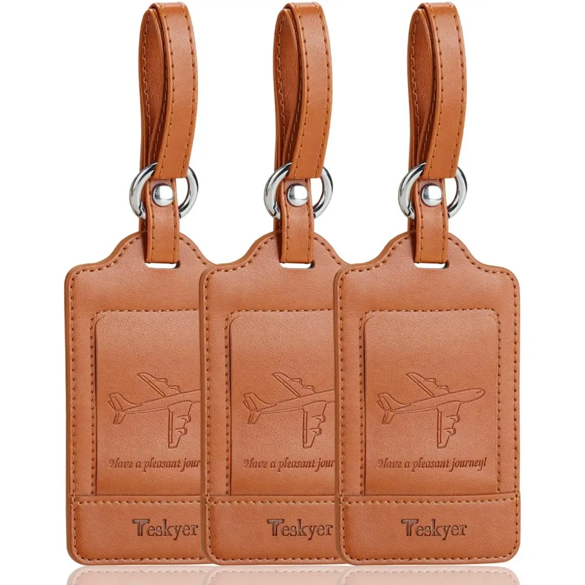 Teskyer Leather Luggage Tags for Suitcases, 3 Pack, Brown | Quick-Attach Spring Ring, Privacy Flap Design - main product image