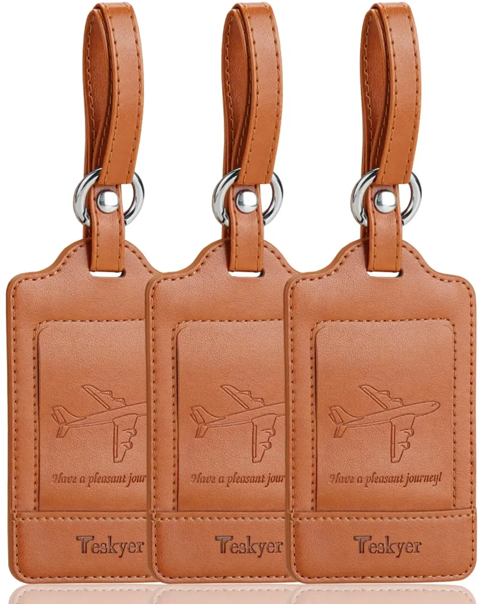 Teskyer Leather Luggage Tags for Suitcases, 3 Pack, Brown | Quick-Attach Spring Ring, Privacy Flap Design - main product image
