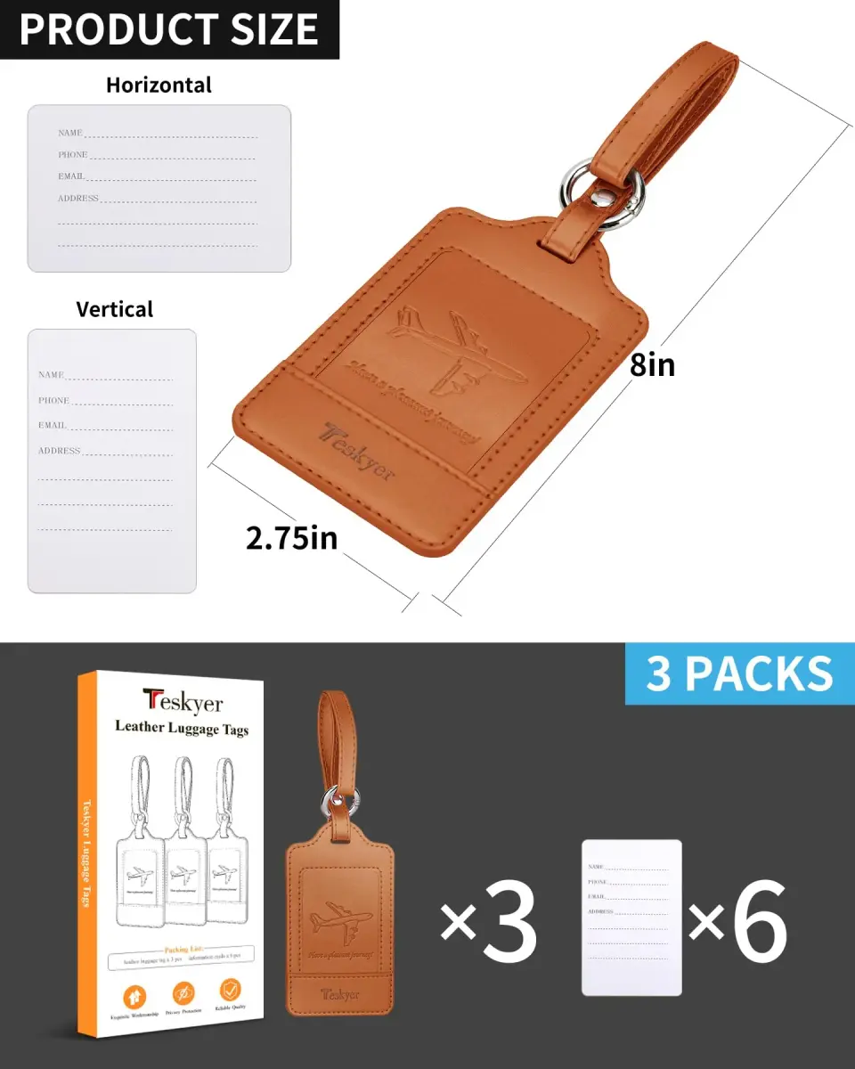 Teskyer Leather Luggage Tags for Suitcases, 3 Pack, Brown | Quick-Attach Spring Ring, Privacy Flap Design - view 7