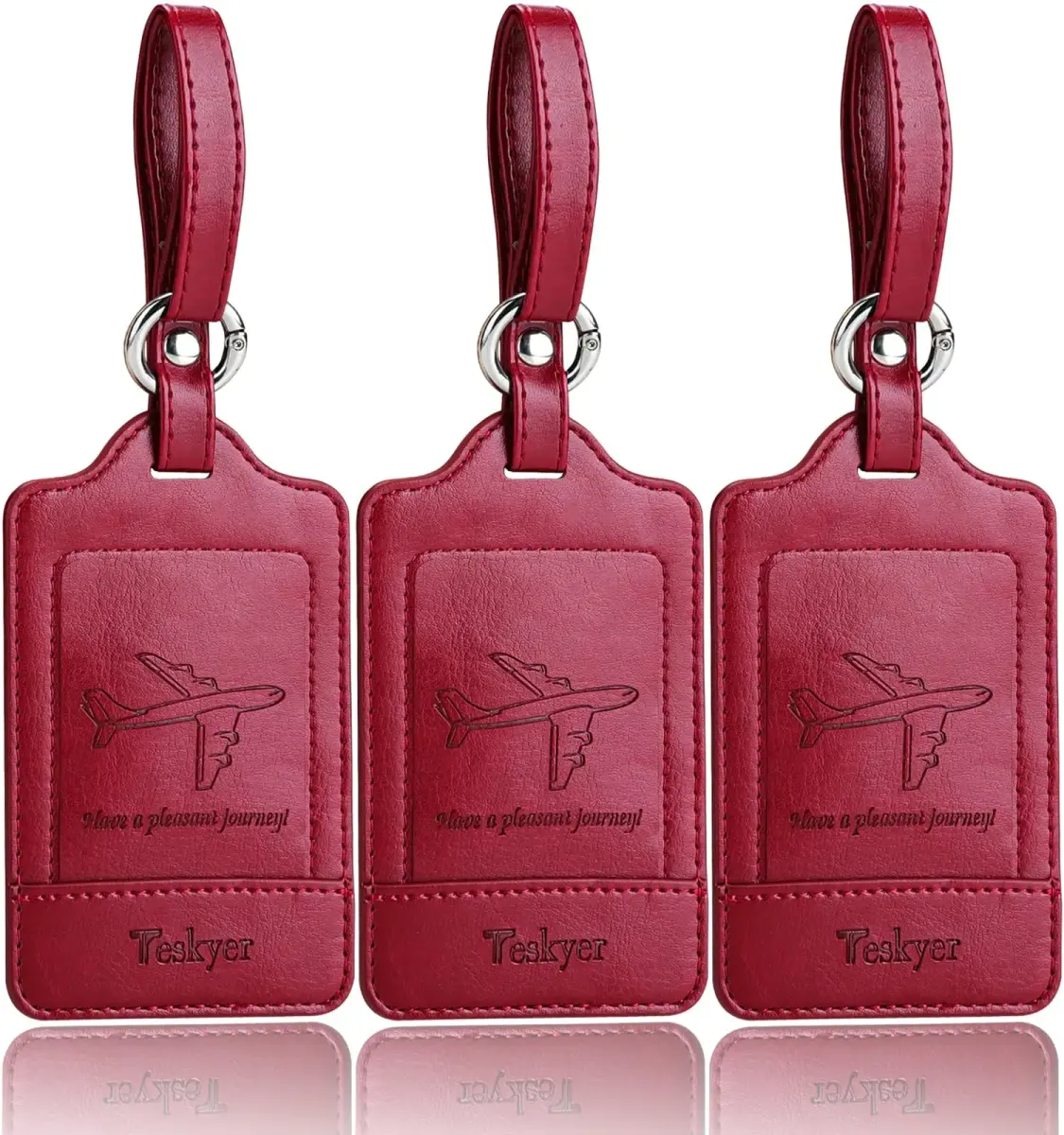 Teskyer Leather Luggage Tags for Suitcases, 3 Pack, Red | Quick-Attach Spring Ring, Privacy Flap Design - main product image