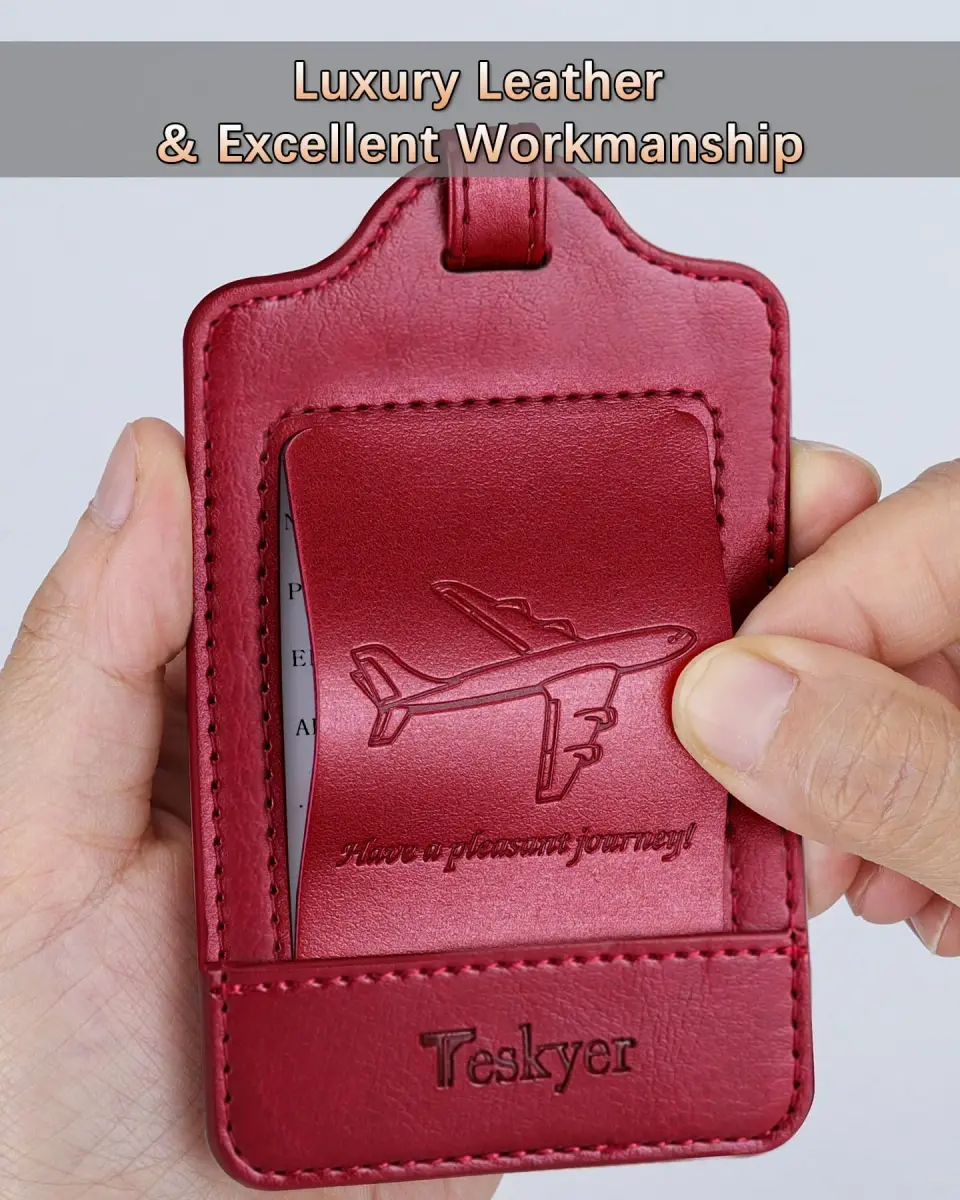 Teskyer Leather Luggage Tags for Suitcases, 3 Pack, Red | Quick-Attach Spring Ring, Privacy Flap Design - view 3