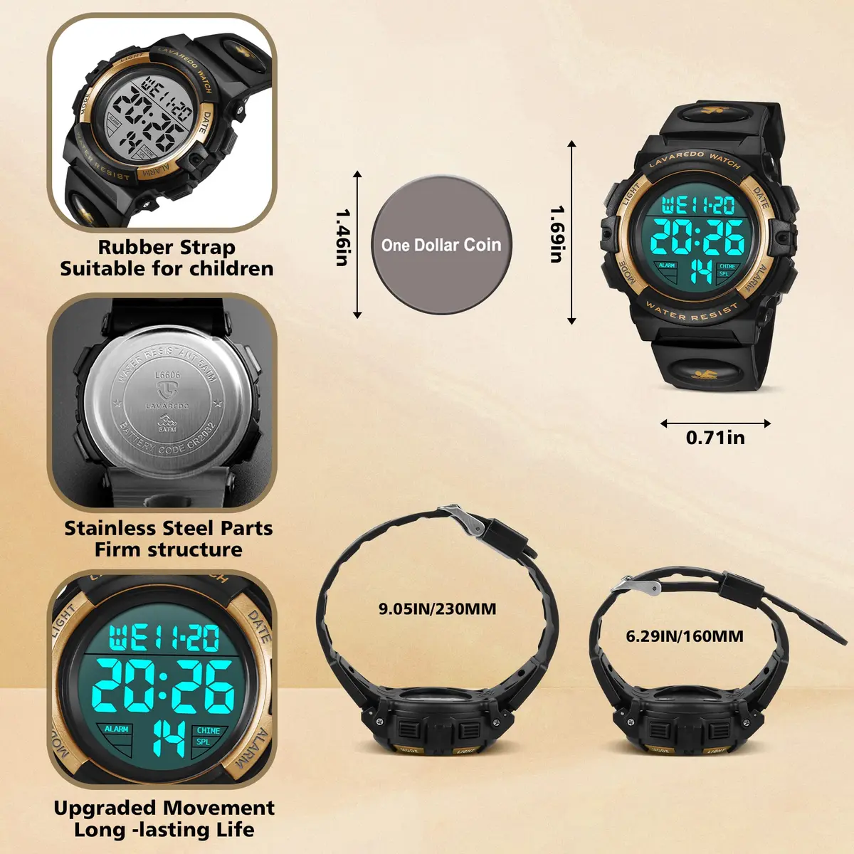 A ALPS Boys Digital Sports Watch, 50M Waterproof, LED Backlight, Quartz Movement, Blue/Red/Green Silicone Band, 43mm Case, 18mm Band Width - view 3