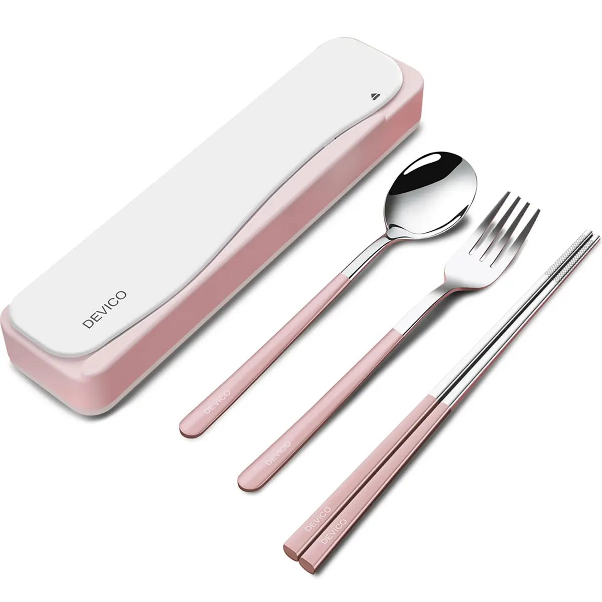 DEVICO Travel Utensils with Case | 4Pcs Portable Silverware Set for Camping, School, Lunch | 18/8 Stainless Steel, Pink - main product image