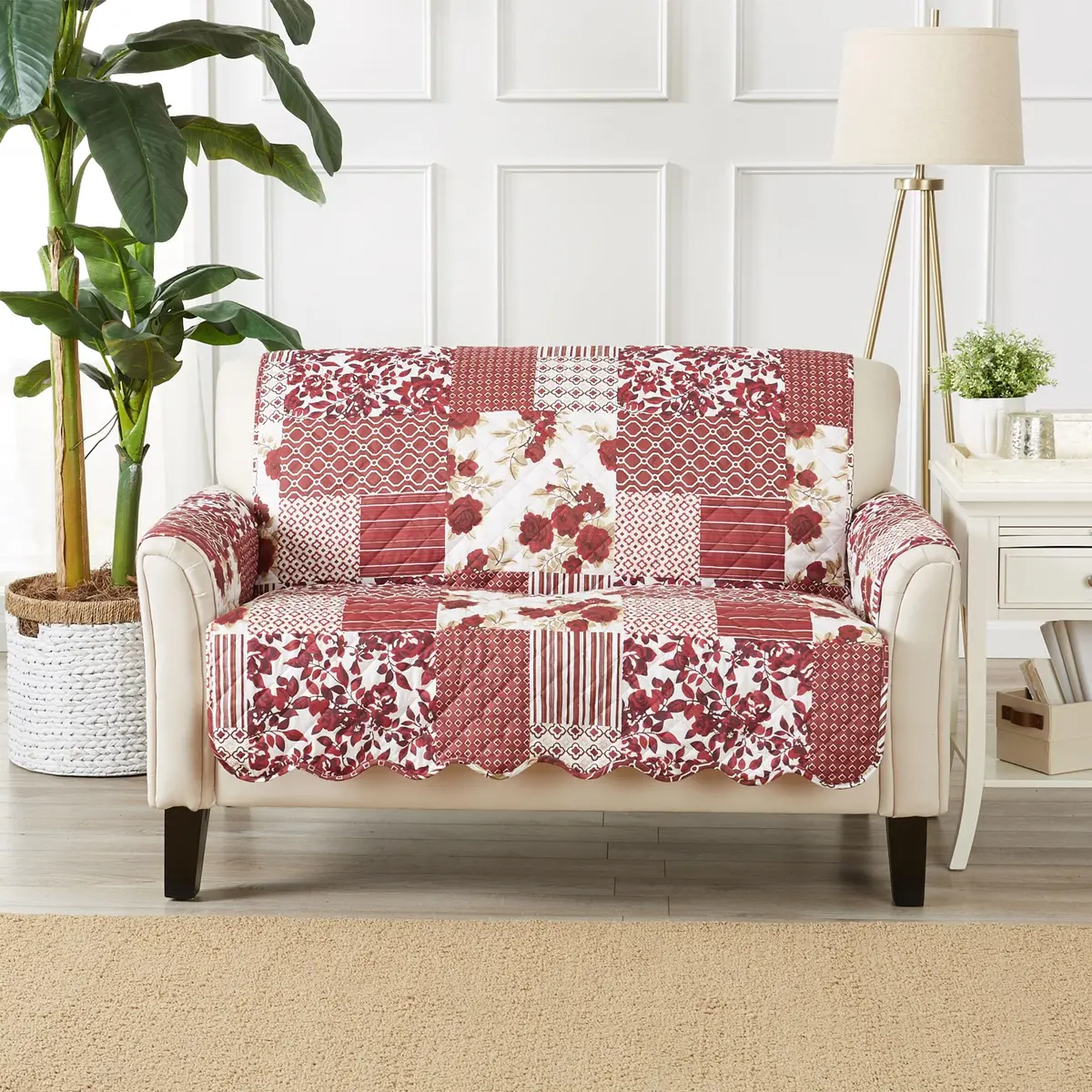 Great Bay Home Reversible Floral Patchwork Loveseat Cover, Burgundy | Cottage Charm & Easy Fit - view 2