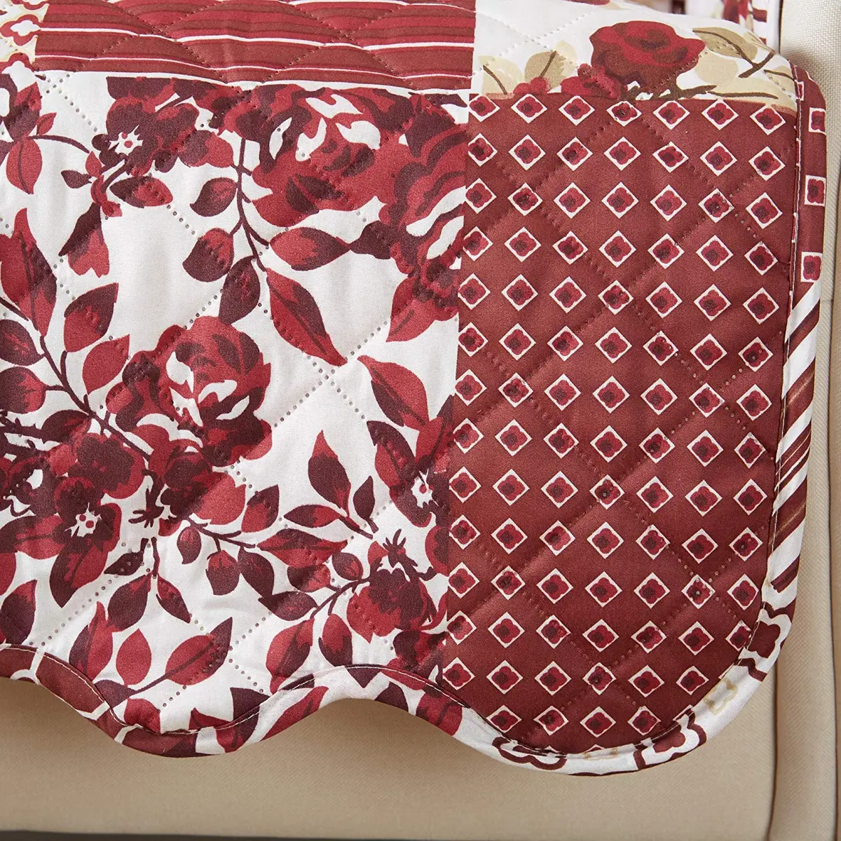 Great Bay Home Reversible Floral Patchwork Loveseat Cover, Burgundy | Cottage Charm & Easy Fit - view 4