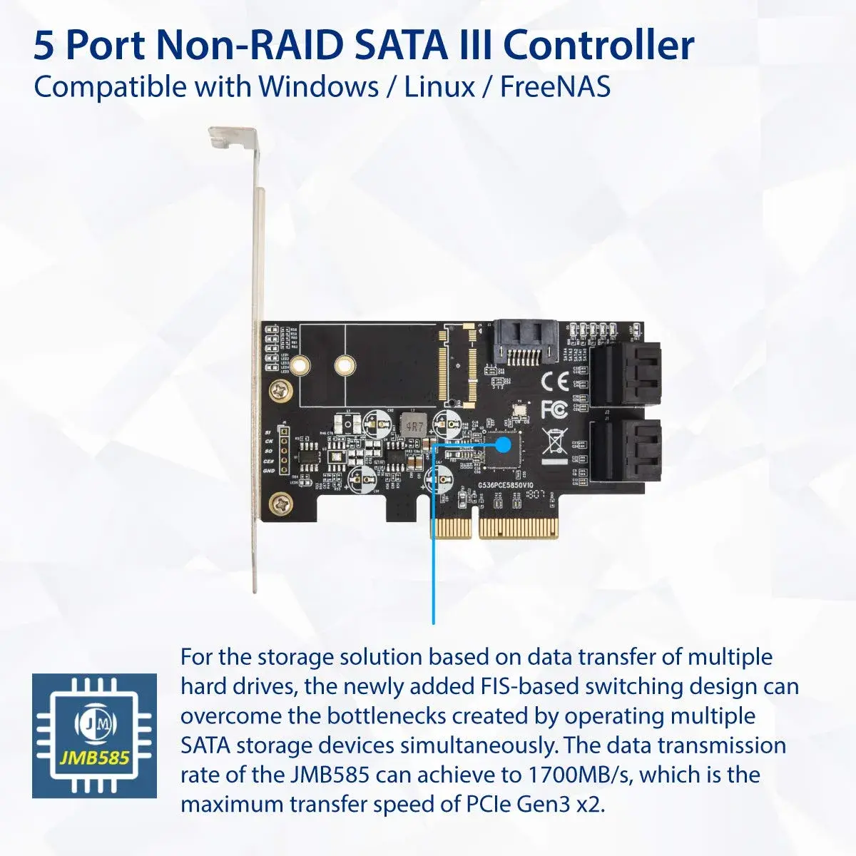 IO CREST 5 Port SATA PCIe Controller Card with JMB585 Chipset - SI-PEX40139 - view 4