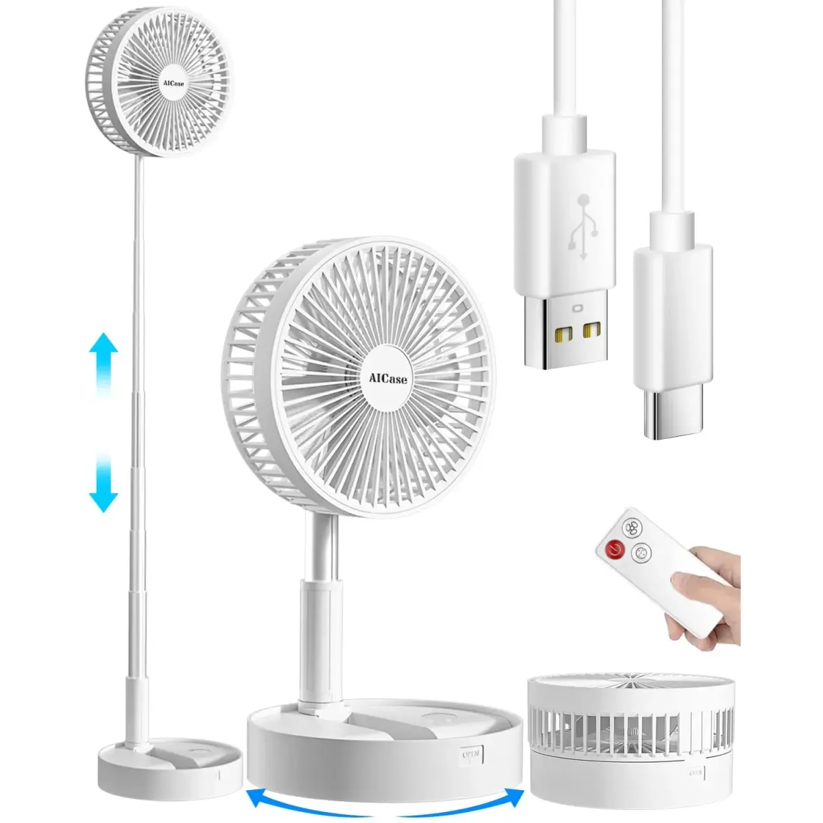 AICase Folding Portable Telescopic Floor/USB Desk Fan with 7200mAh Battery | 4 Speeds, 39.3" Height, 40dB Quiet Operation - main product image