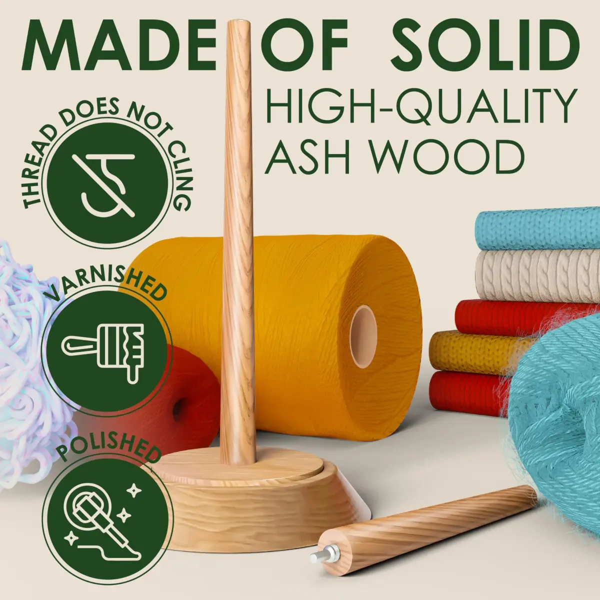 BarvA Yarn Holder Set 22 Lb Capacity with Extra Spindle | Smooth Bearing Spinner & Anti Slip Pads for Stability | European Wood Crochet Accessories & Fiber Crafts Pro Tools (Natural, X-Large) - view 5