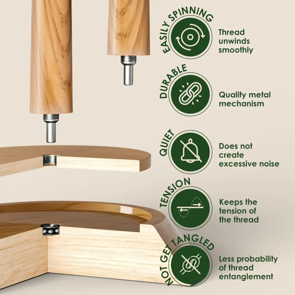 BarvA Yarn Holder Set 22 Lb Capacity with Extra Spindle | Smooth Bearing Spinner & Anti Slip Pads for Stability | European Wood Crochet Accessories & Fiber Crafts Pro Tools (Natural, X-Large) - view 3