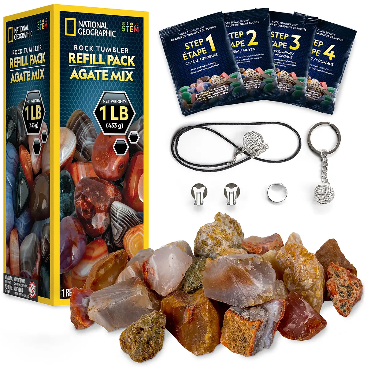Blue Marble National Geographic Rock Tumbler Refill Kit with 1 Lb. Rough Agate | Agate Mix, All Seasons, 8oz - main product image