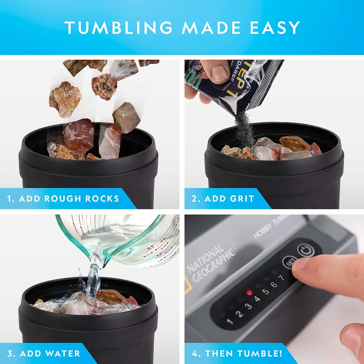 Blue Marble National Geographic Rock Tumbler Refill Kit with 1 Lb. Rough Agate | Agate Mix, All Seasons, 8oz - view 3