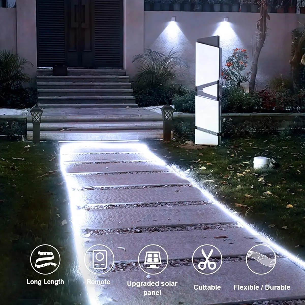 echosari White Solar Strip Lights Outdoor Waterproof 16.4Ft (5m) 320 LED with Remote & Timer | IP65 Rated for Pathways & Gardens - view 2