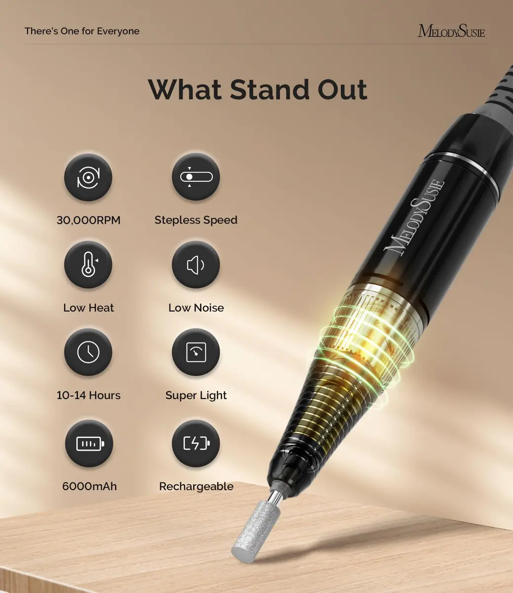 MelodySusie Nail Drill SC320H | Rechargeable, 30,000 RPM, Cordless, 10-14h Runtime, LED Display, Low Heat, Nail Polishing - view 2