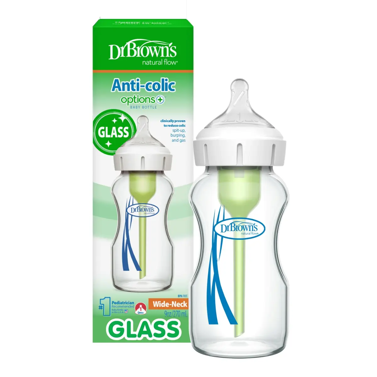 Dr. Brown's Natural Flow Anti-Colic Options+ Wide-Neck Glass Baby Bottle 270ml (9 oz) with Level 1 Slow Flow Nipple | Clinically Proven to Reduce Colic - main product image