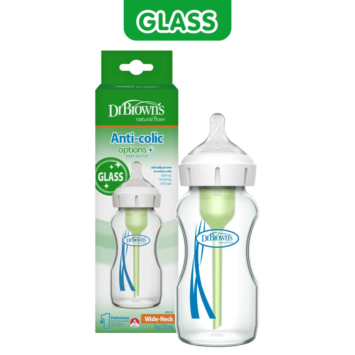 Dr. Brown's Natural Flow Anti-Colic Options+ Wide-Neck Glass Baby Bottle 270ml (9 oz) with Level 1 Slow Flow Nipple | Clinically Proven to Reduce Colic - view 9
