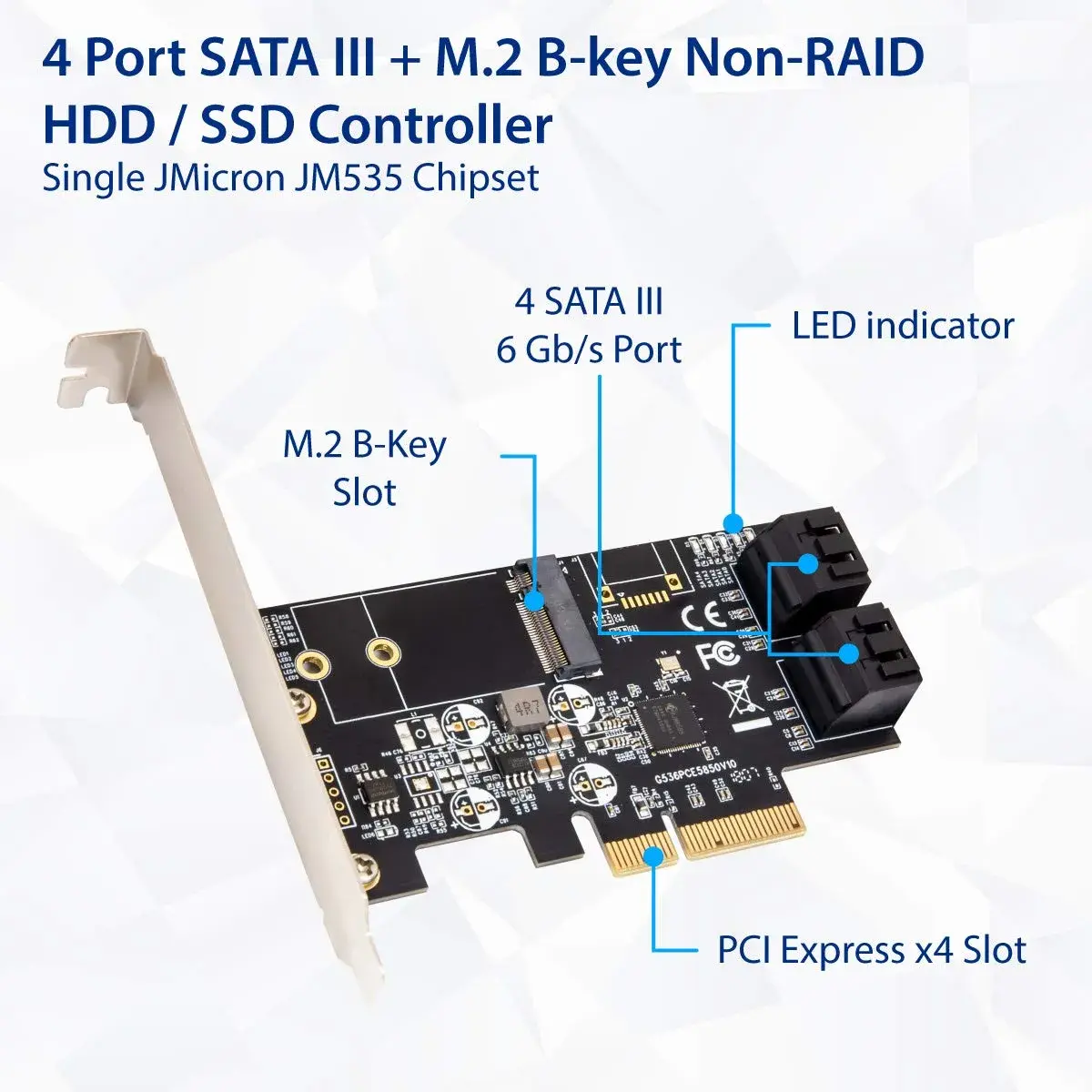 IO CREST SI-PEX40138 4-Port SATA III + M.2 B-Key PCIe x4 Controller Card | 1700MB/s Speed - view 2
