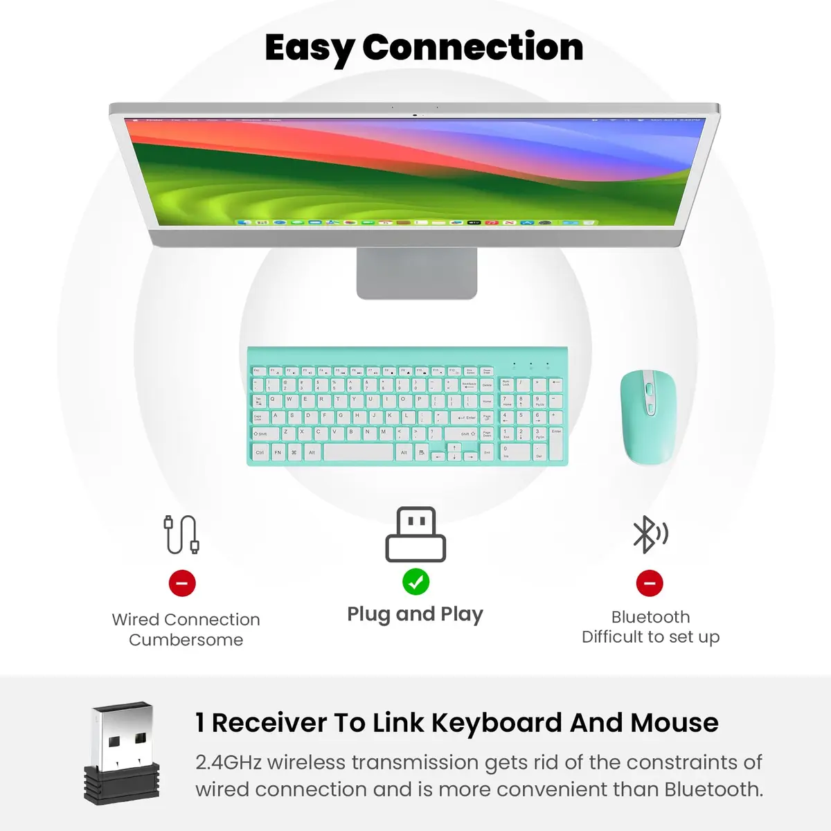 cimetech Wireless Keyboard and Mouse Combo - Blue White | Plug and Play 2.4GHz Wireless - view 8