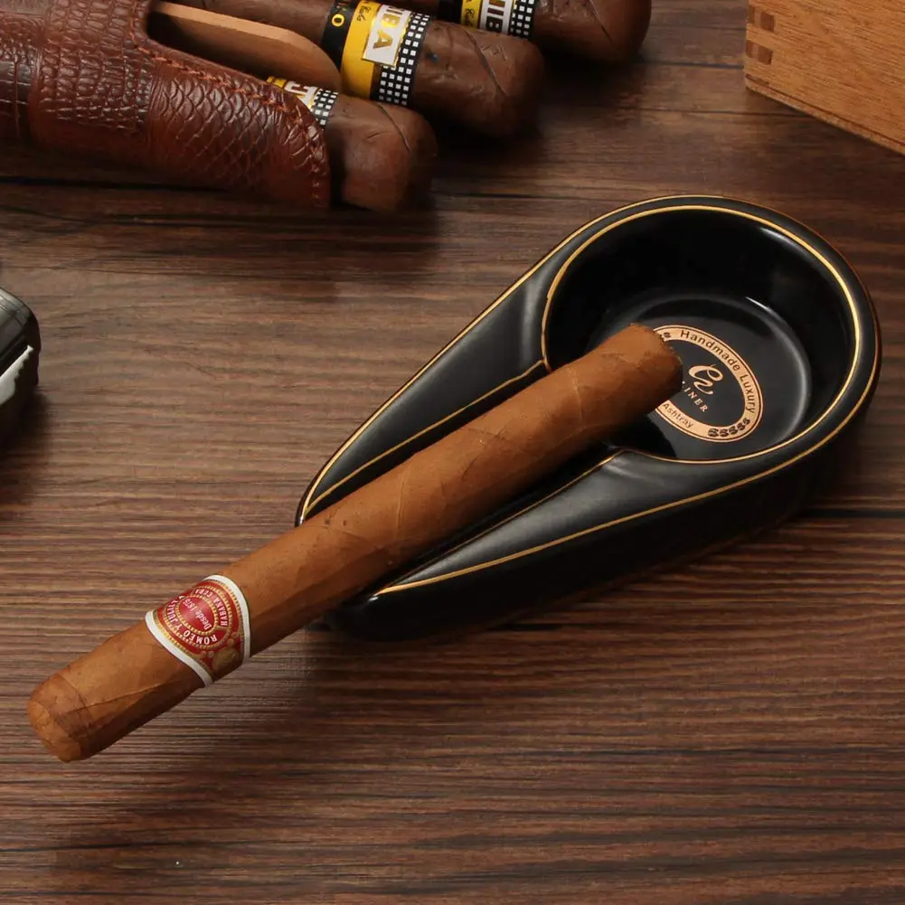 Galiner Ceramic Cigar Ashtray with Golden Line | Portable Outdoor Ashtray for Desktops and Travel - view 2