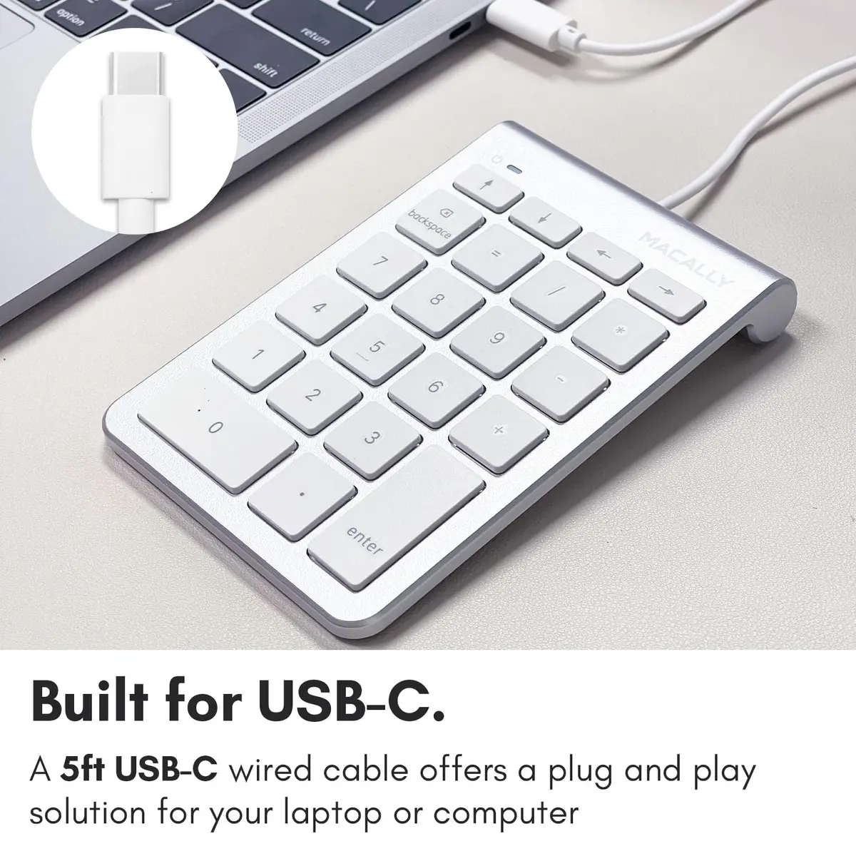 Macally USB C Wired Number Pad for Mac - 22 Keys, Type C Numeric Keypad, 18.3 cm (7.2 in) Length | Plug & Play for Laptop, MacBook Pro/Air, iMac, PC - Silver - view 2