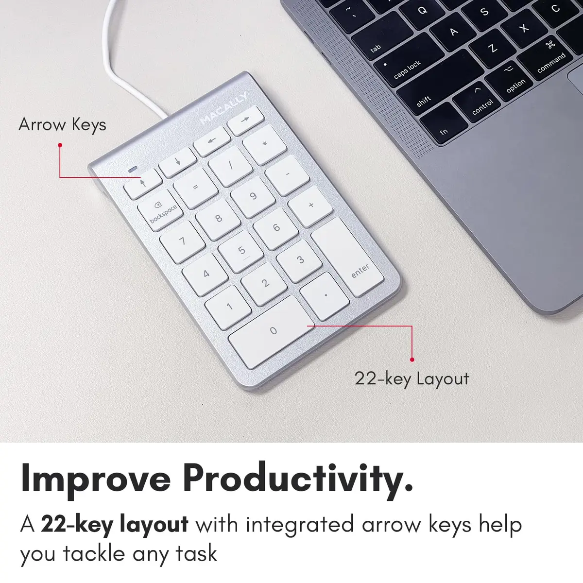Macally USB C Wired Number Pad for Mac - 22 Keys, Type C Numeric Keypad, 18.3 cm (7.2 in) Length | Plug & Play for Laptop, MacBook Pro/Air, iMac, PC - Silver - view 4
