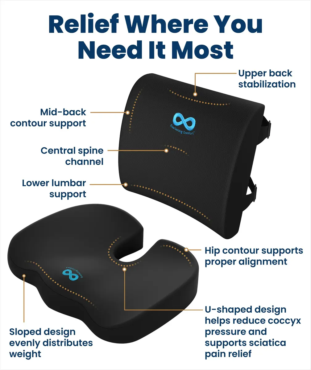 Everlasting Comfort Doctor Recommended Memory Foam Seat Cushion with Lumbar Support, Large Black Airflow | 43.2cm (17in) x 33.5cm (13.2in) - view 3